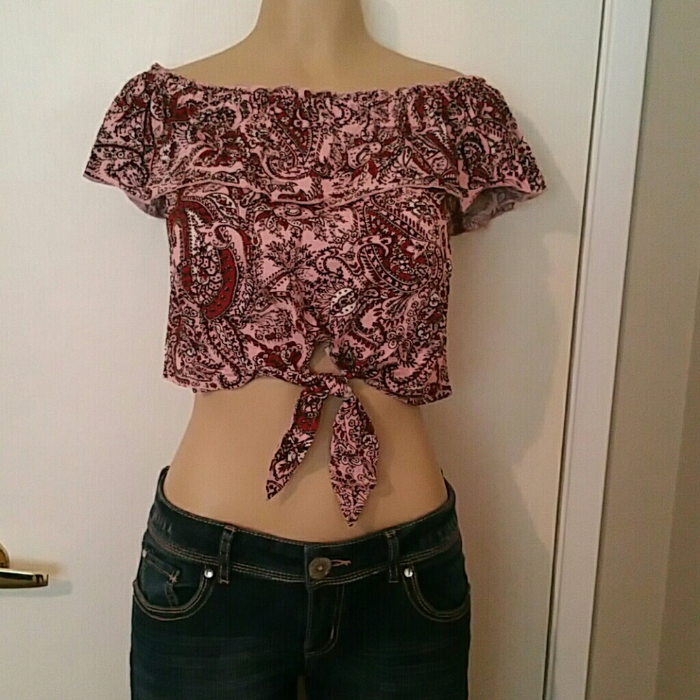 NWT Rose Paisley tie front crop top